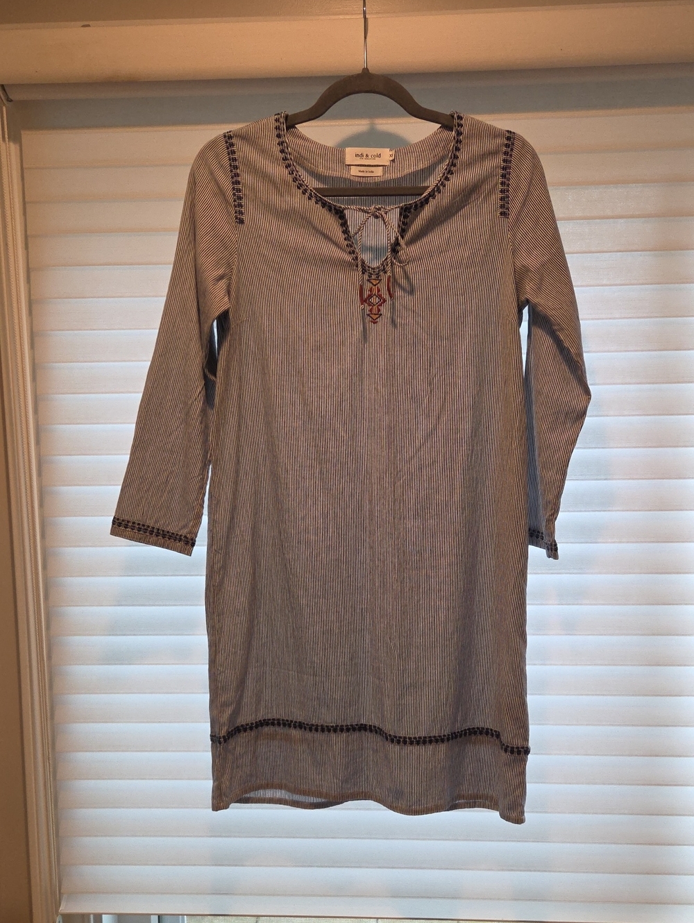 Soft Blue and Whitestriped Embroidered Tie-Neck Tunic/ Dress